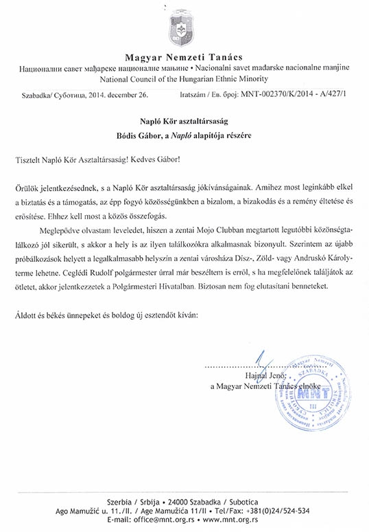 Hajnal Jenőnek, az MNT elnökének a Napló Körhöz intézett válasza