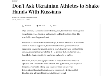 Bloomberg-kommentár: Ne kérd, hogy az ukrán sportolók kezet fogjanak orosz ellenfeleikkel!